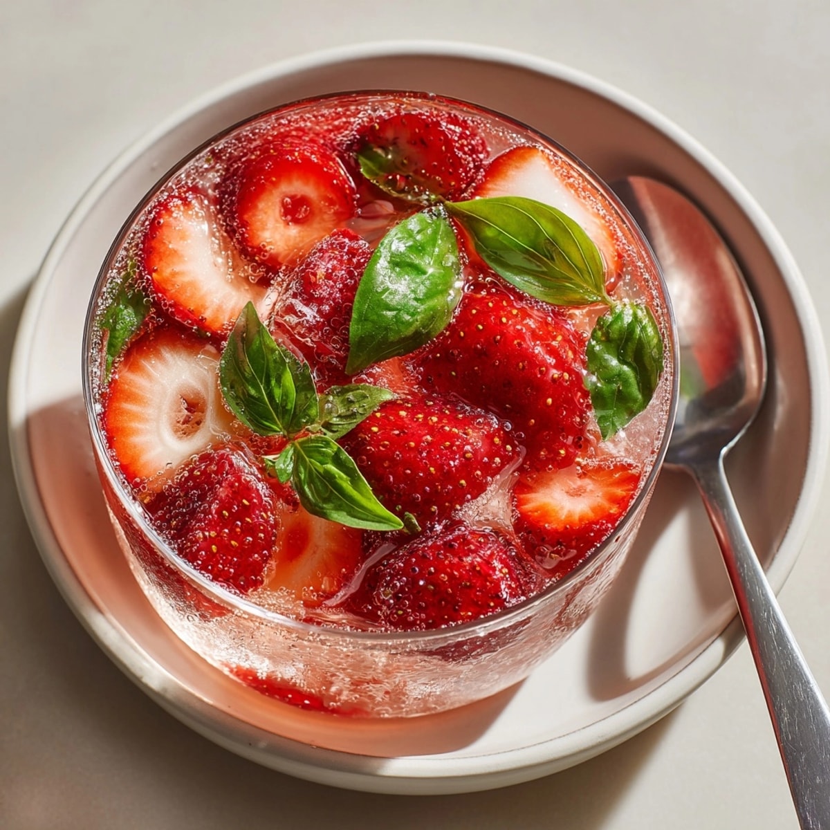 Iced Sparkling Strawberry Basil Lemonade with lemon slices, basil sprigs, and bubbly effervescence perfect for sunny days.