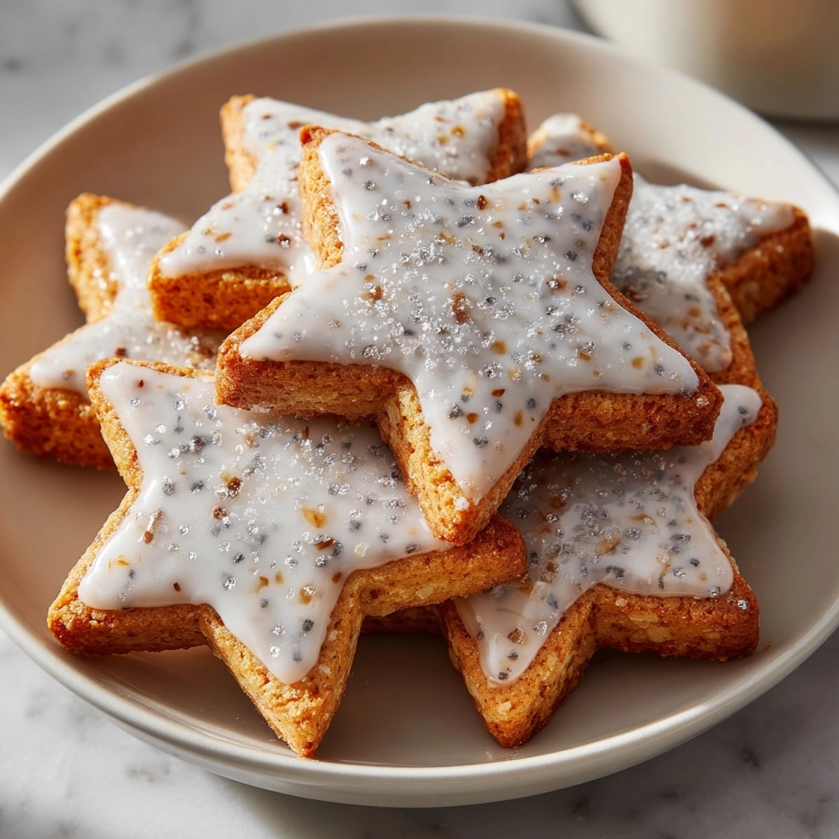 Cinnamon Star Cookies Glaze sparkling with snowy white icing, perfect for holiday cookie platters.