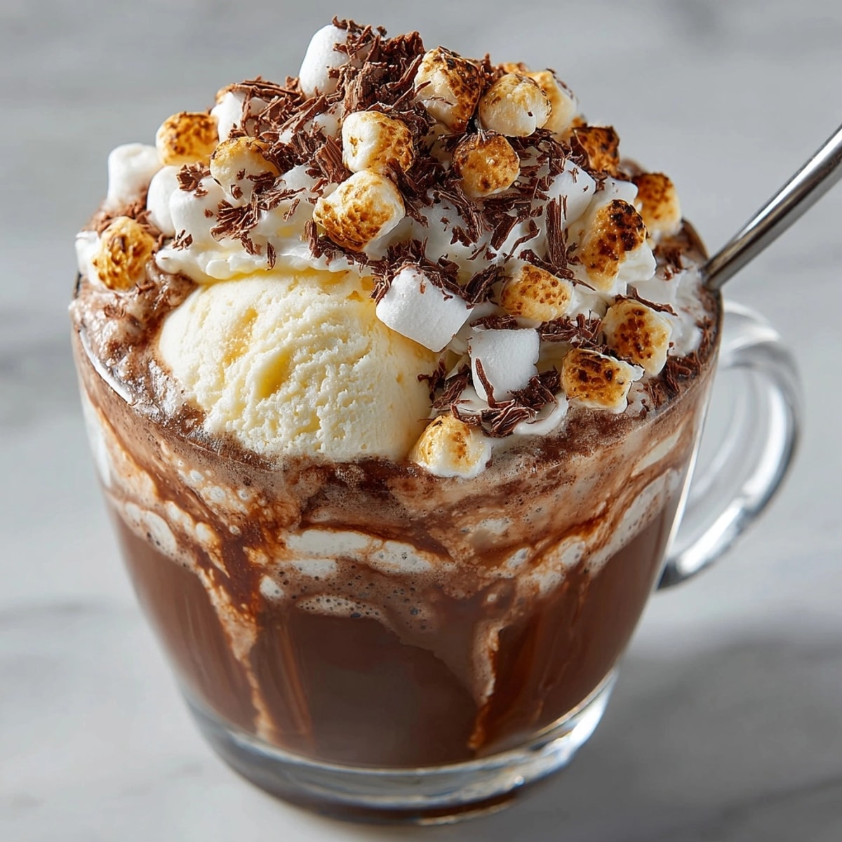 Steaming mug shows a Root Beer Marshmallow Peak Cocoa Float, with golden, toasted marshmallows floating high.