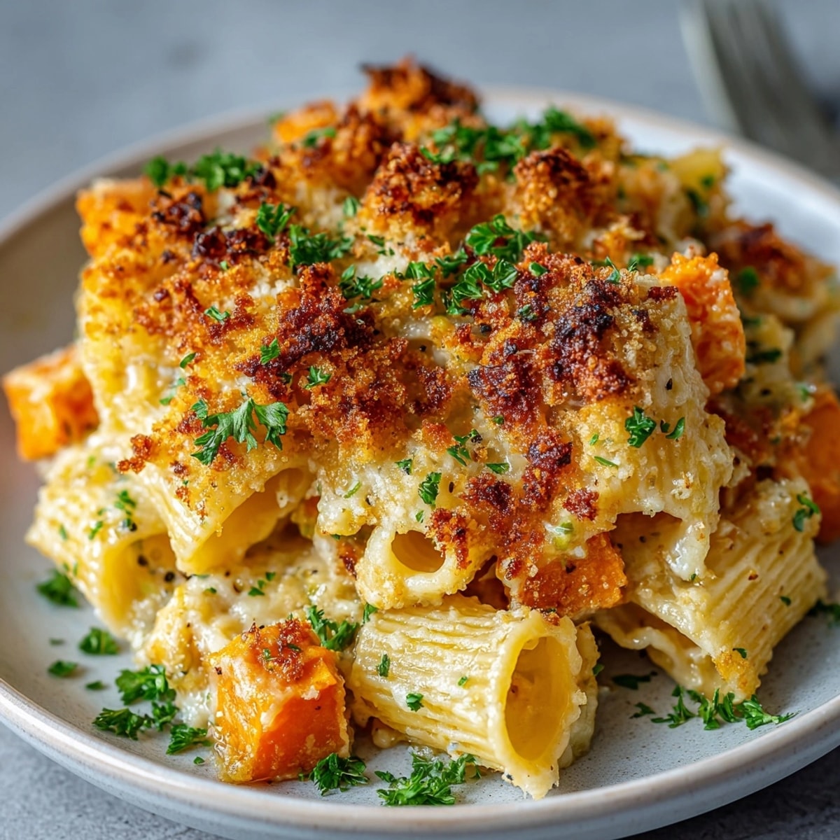 Golden, bubbly Thanksgiving sweet potato pasta gratin, a comforting main course overflowing with cheese.