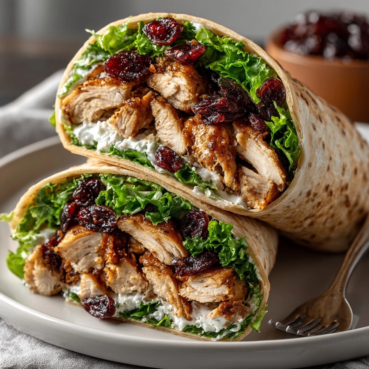 Cherry Balsamic Chicken Caesar Wrap, a delicious lunch with juicy, grilled chicken and sweet cherries.