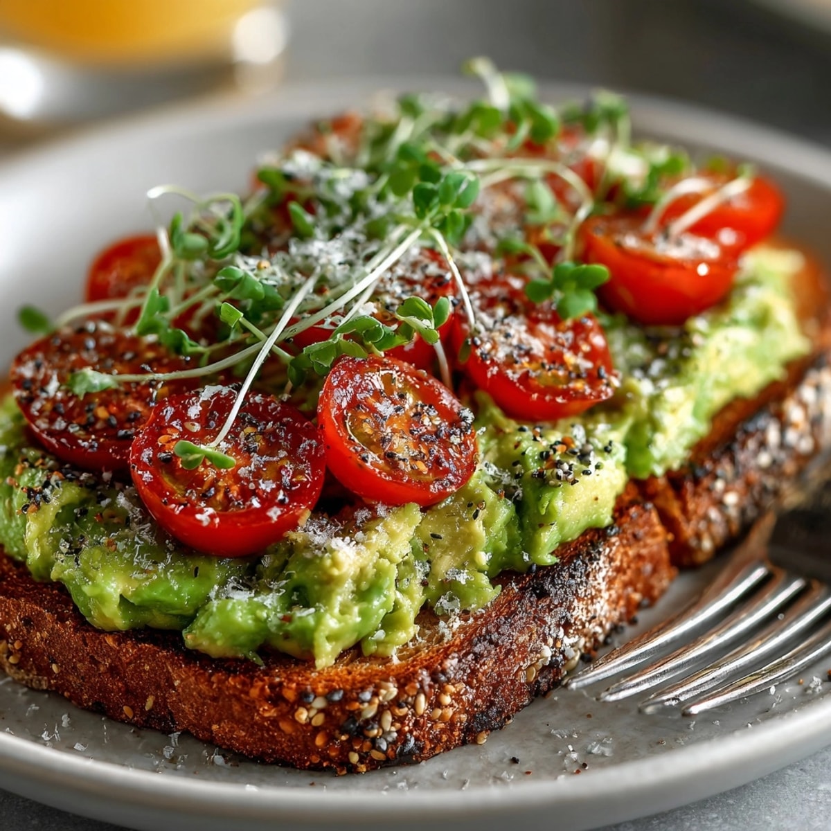 Close-up of fresh avocado toast; speckled with everything seasoning adds savory flavor to the meal.