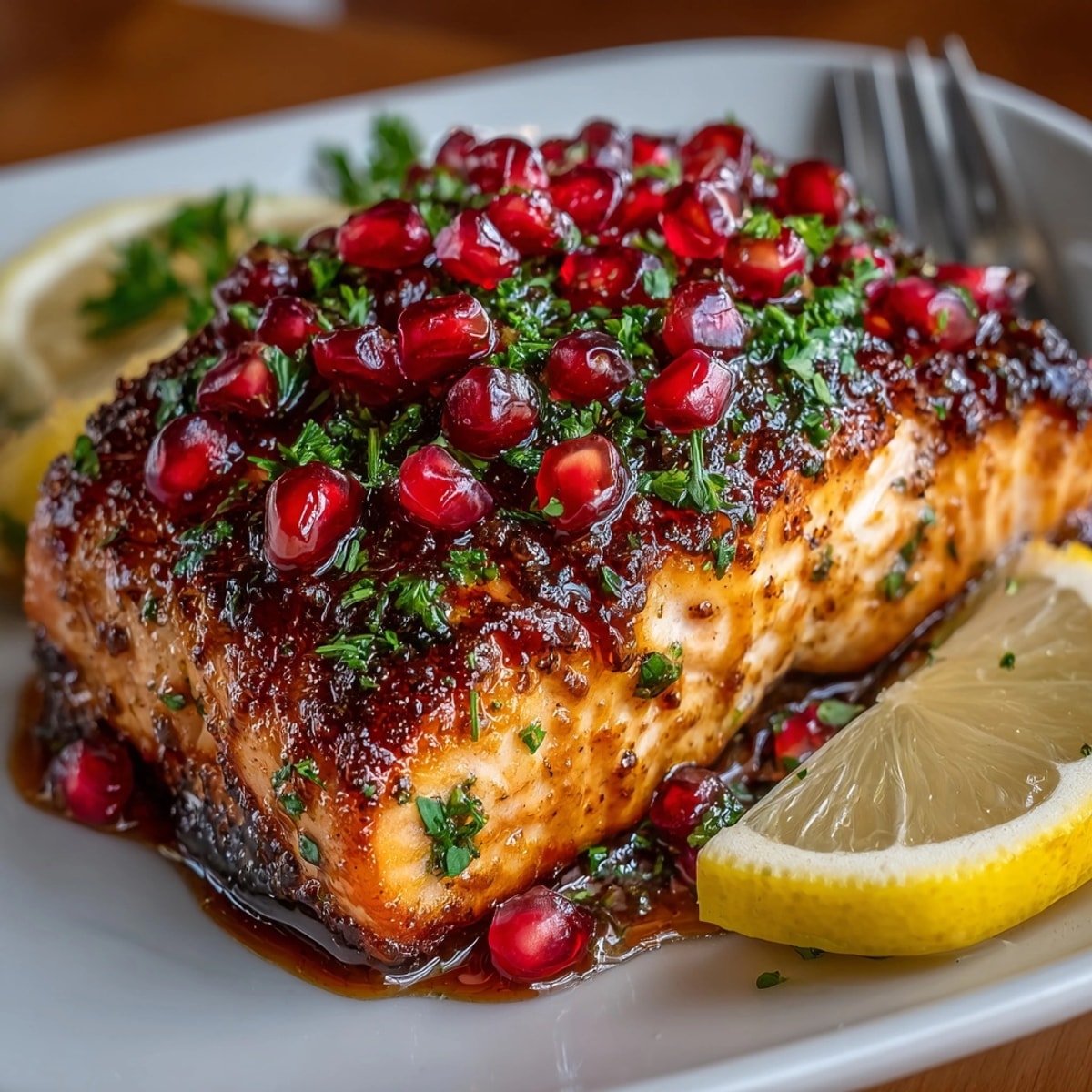 Pomegranate Balsamic Glazed Salmon fillets topped with fresh herbs and juicy pomegranate seeds.