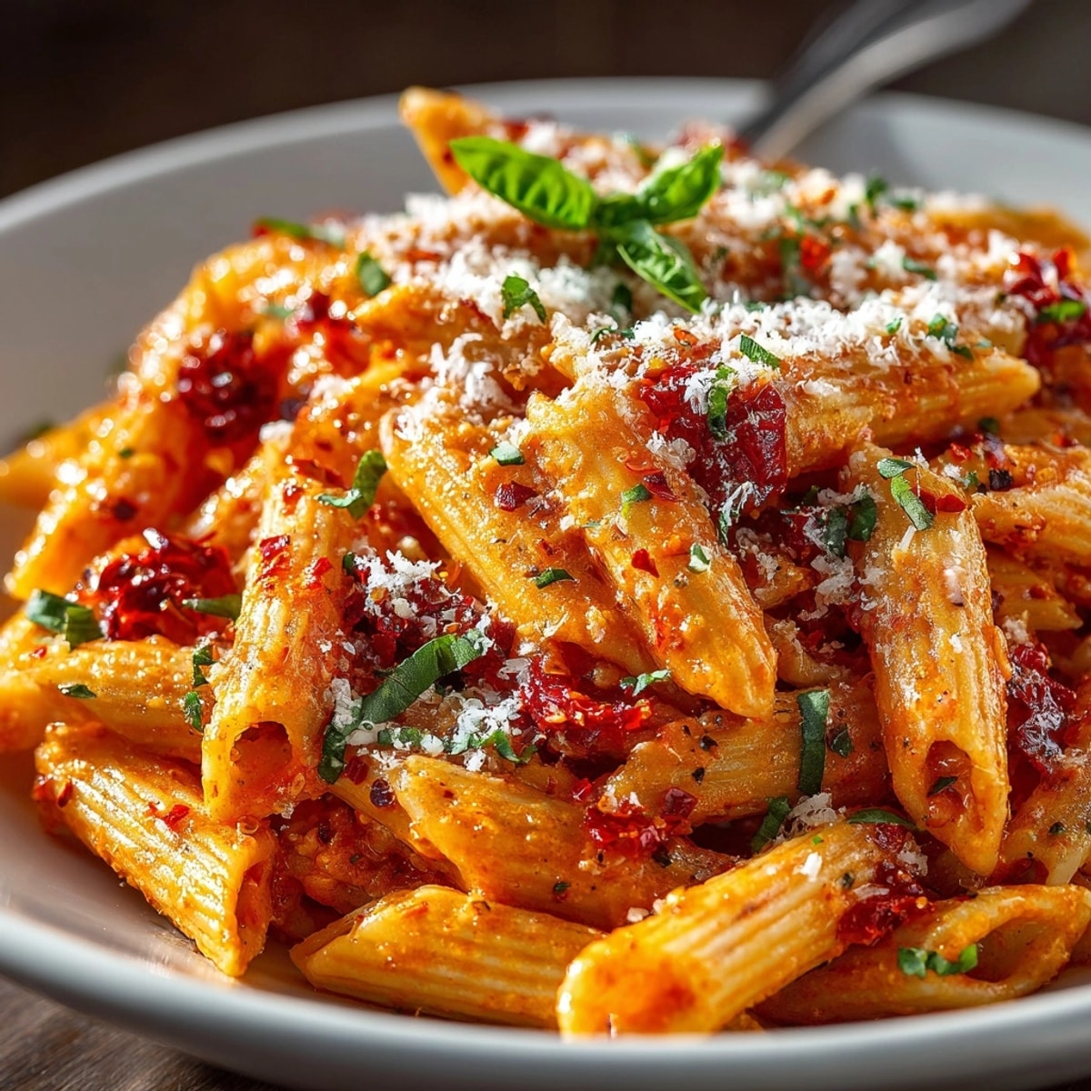 Creamy Tomato Pasta topped with fresh basil and Parmesan, served in a cozy bowl.