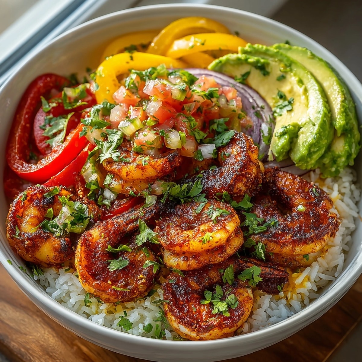 Colorful shrimp fajita rice bowls topped with sautéed peppers, fresh cilantro, and creamy avocado slices