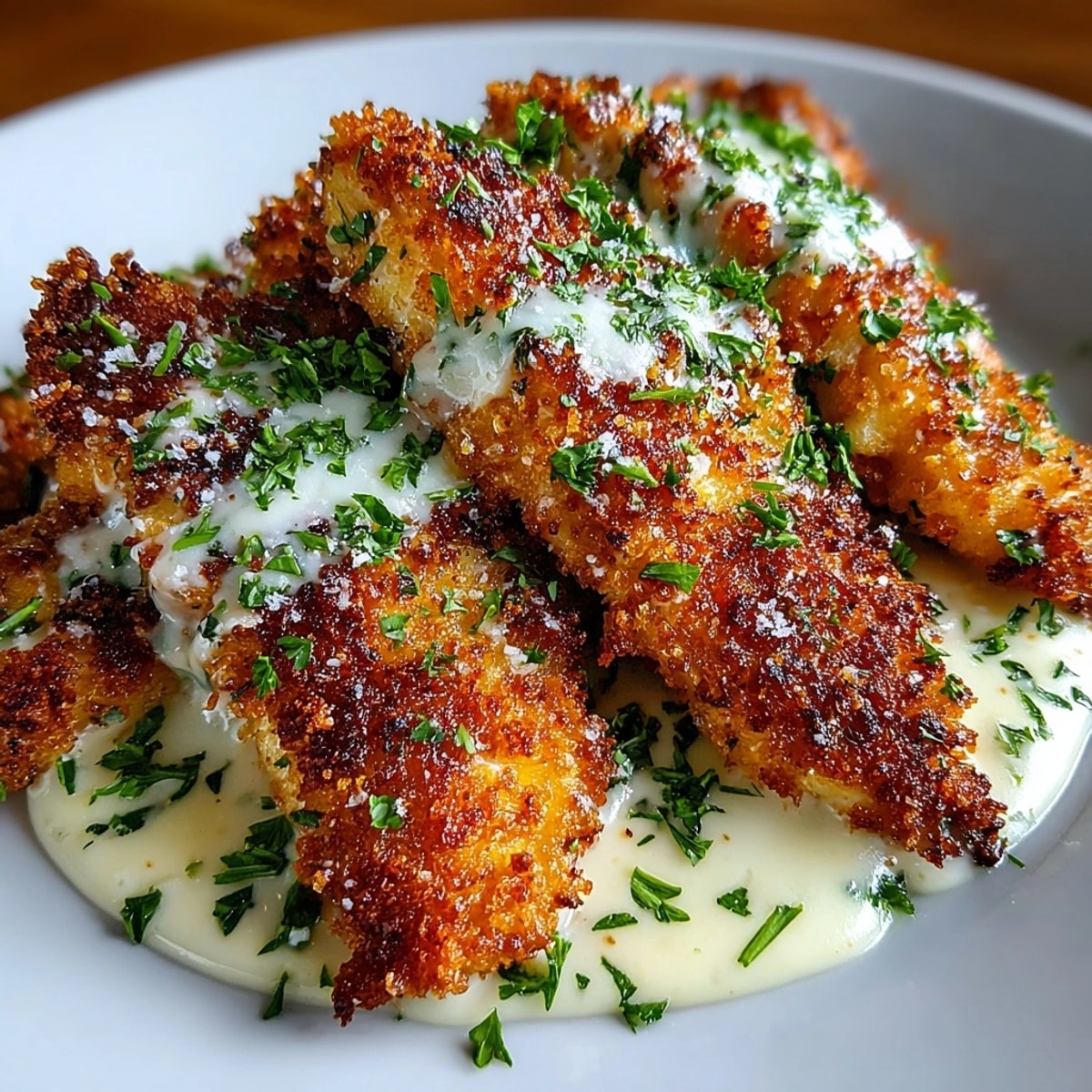 Crispy Parmesan Chicken Alfredo Tenders plated hot with creamy Alfredo sauce and fresh parsley garnish.
