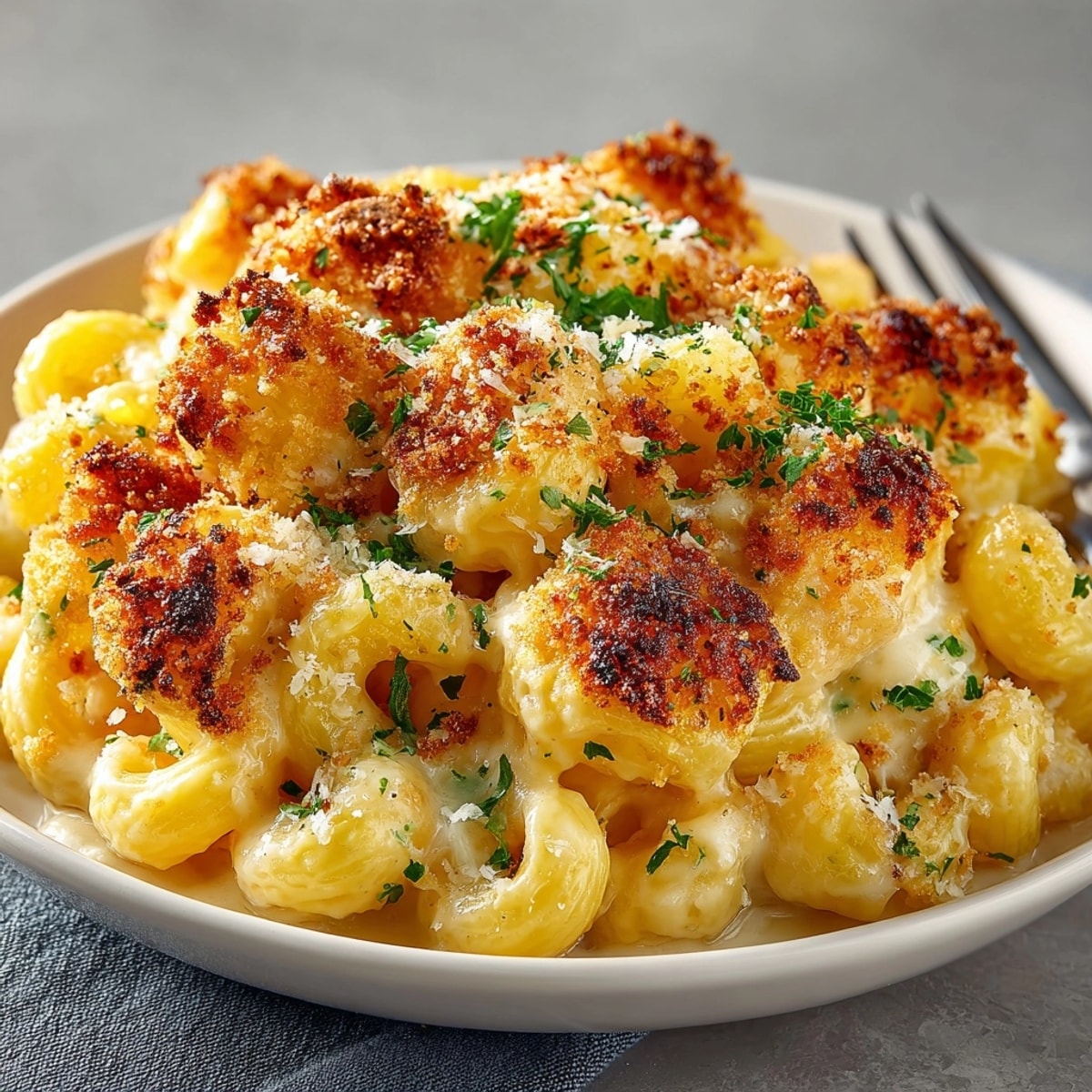 Golden, baked Truffle Mac & Cheese with Buttered Breadcrumbs, a rich and comforting dish.