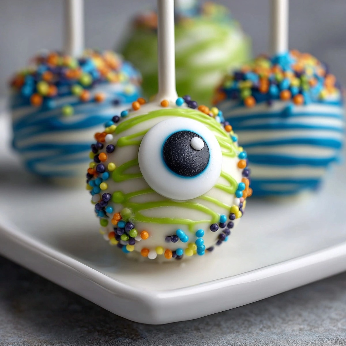 Homemade Monster Eye Cake Pops with candy eyeballs dripping with melted green chocolate.