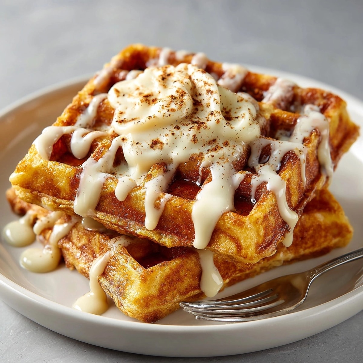 Stack of homemade Gingerbread Waffles, glistening with eggnog sauce, ready for a festive breakfast.