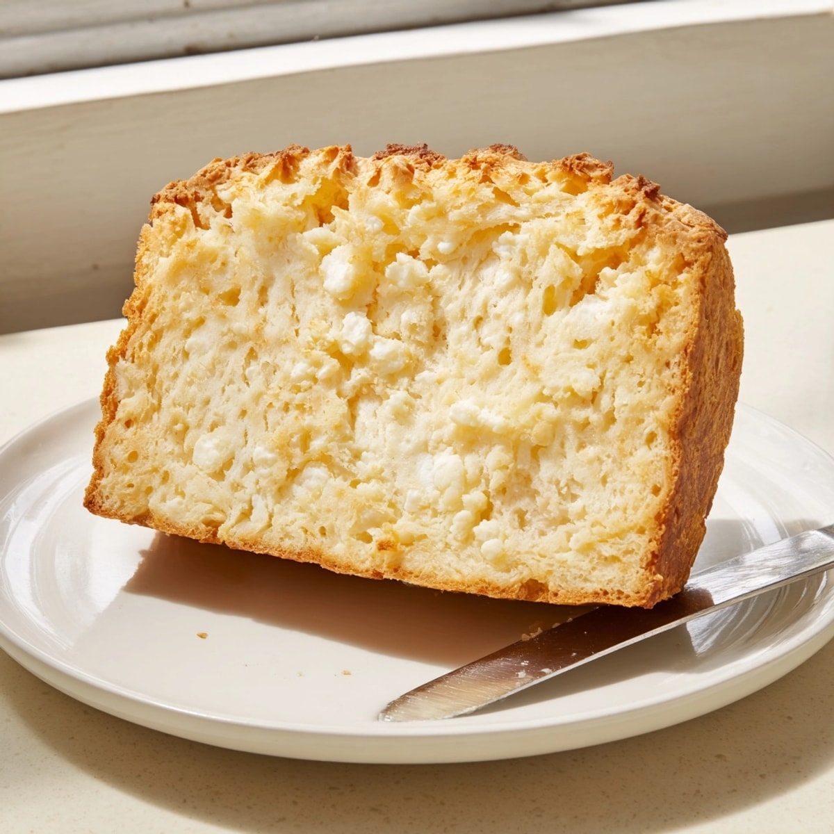 Golden brown 2-Ingredient Cottage Cheese Bread loaf, fresh from the oven, ready for slicing.