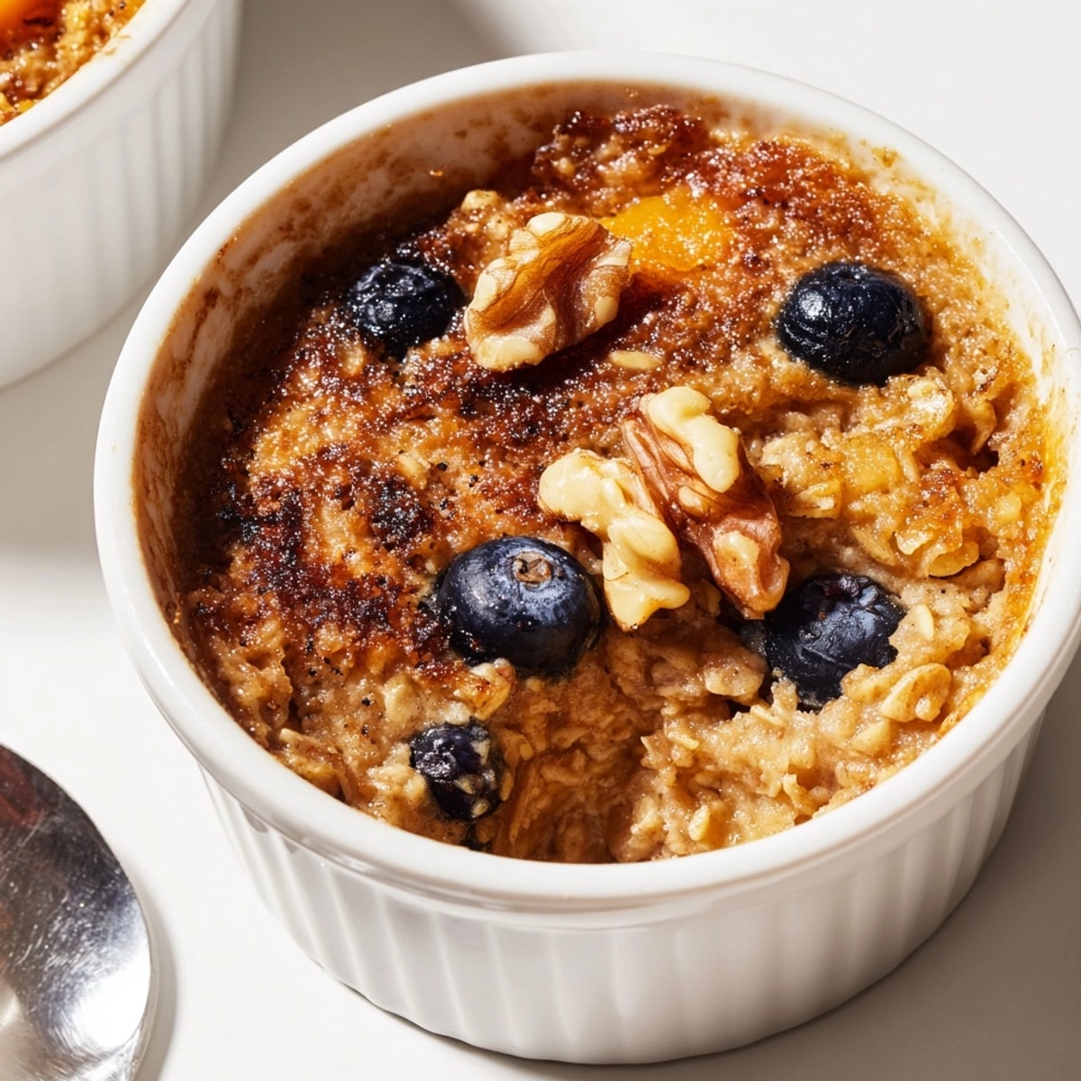 Golden brown Baked Oats ready to eat, served warm with fresh berries on top.