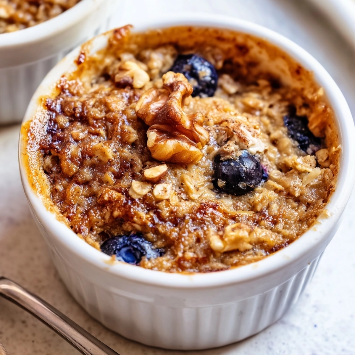Wholesome Baked Oats recipe, showing blended batter with blueberries ready for the oven.