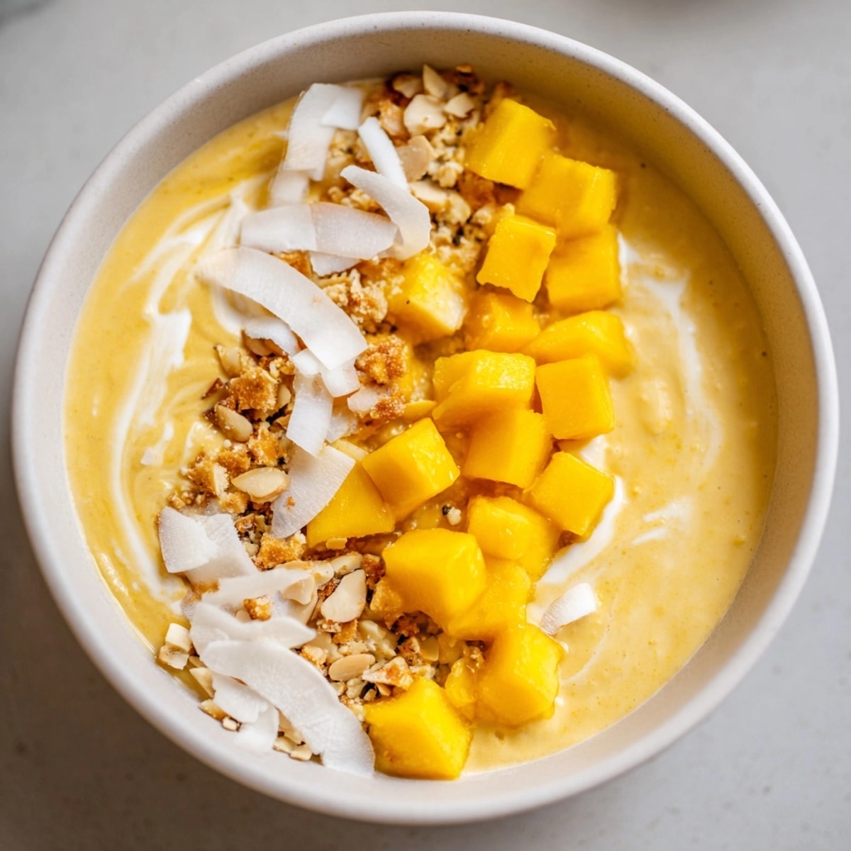 A refreshing bowl of Mango Blended Overnight Oats, featuring layers of tropical textures.