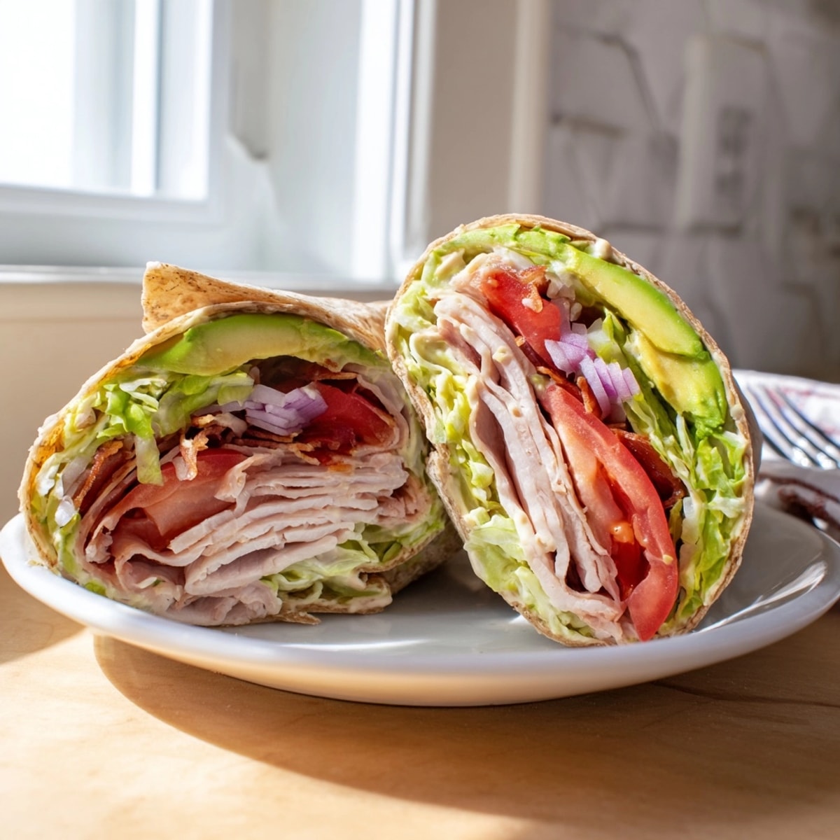 Golden-brown bacon and creamy avocado fill warm Avocado and Turkey BLT Wraps, ready to eat.