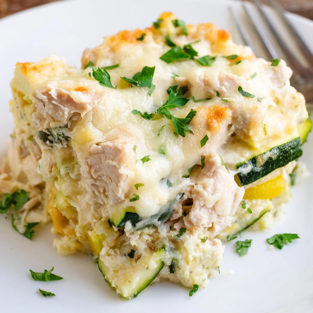 Golden baked Alfredo Chicken Zucchini Casserole, creamy, cheesy, and ready for dinner tonight.