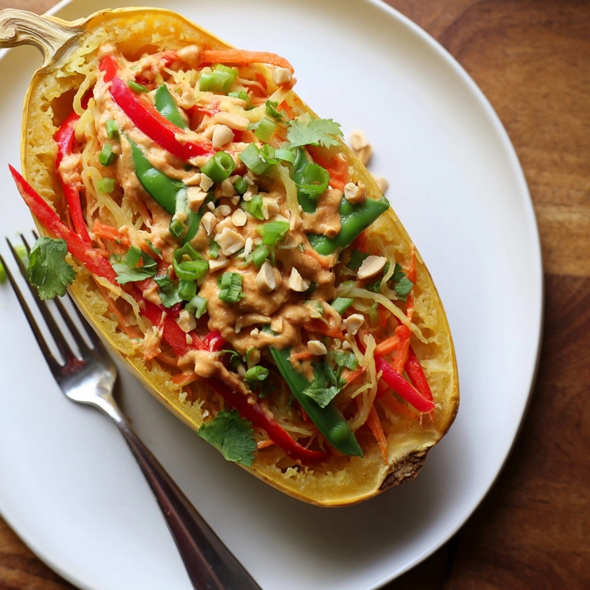 Thai Peanut Spaghetti Squash Boats: Spicy, comforting filling in tender roasted squash halves.