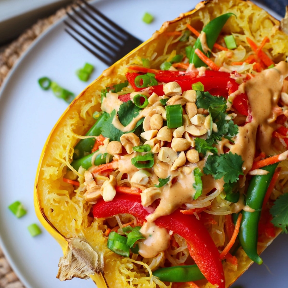 Fork-tender Thai Peanut Spaghetti Squash Boats, brimming with colorful vegetables and tangy peanut sauce.