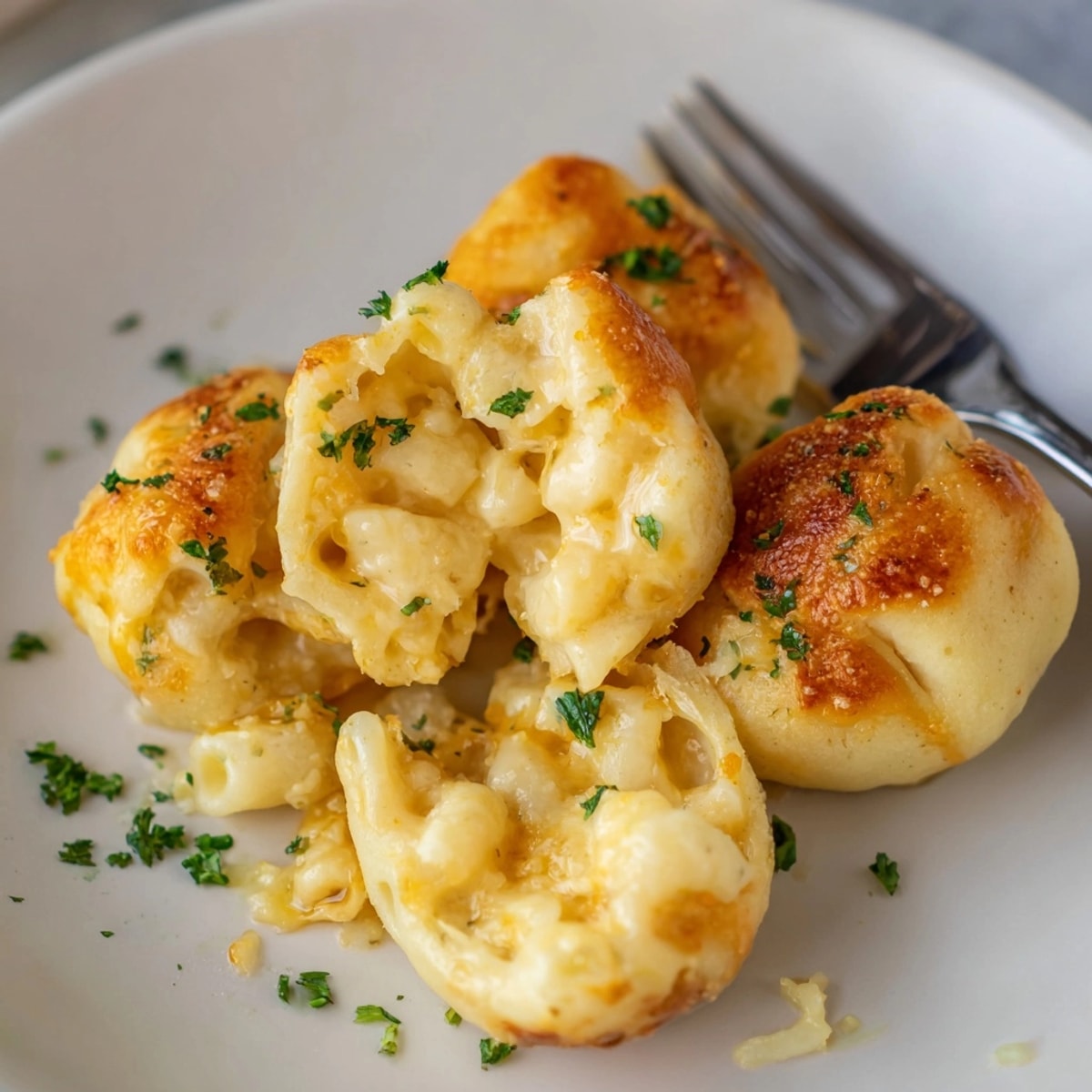 Close-up of golden baked Mac and Cheese Garlic Dough Balls, brushed with shiny garlic butter.