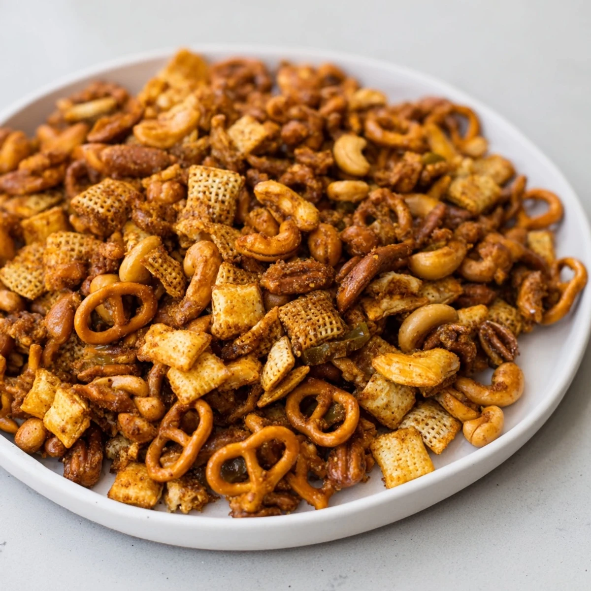 Festive Spicy Jalapeño Holiday Snack Mix boasting crunchy nuts and bold flavors.  