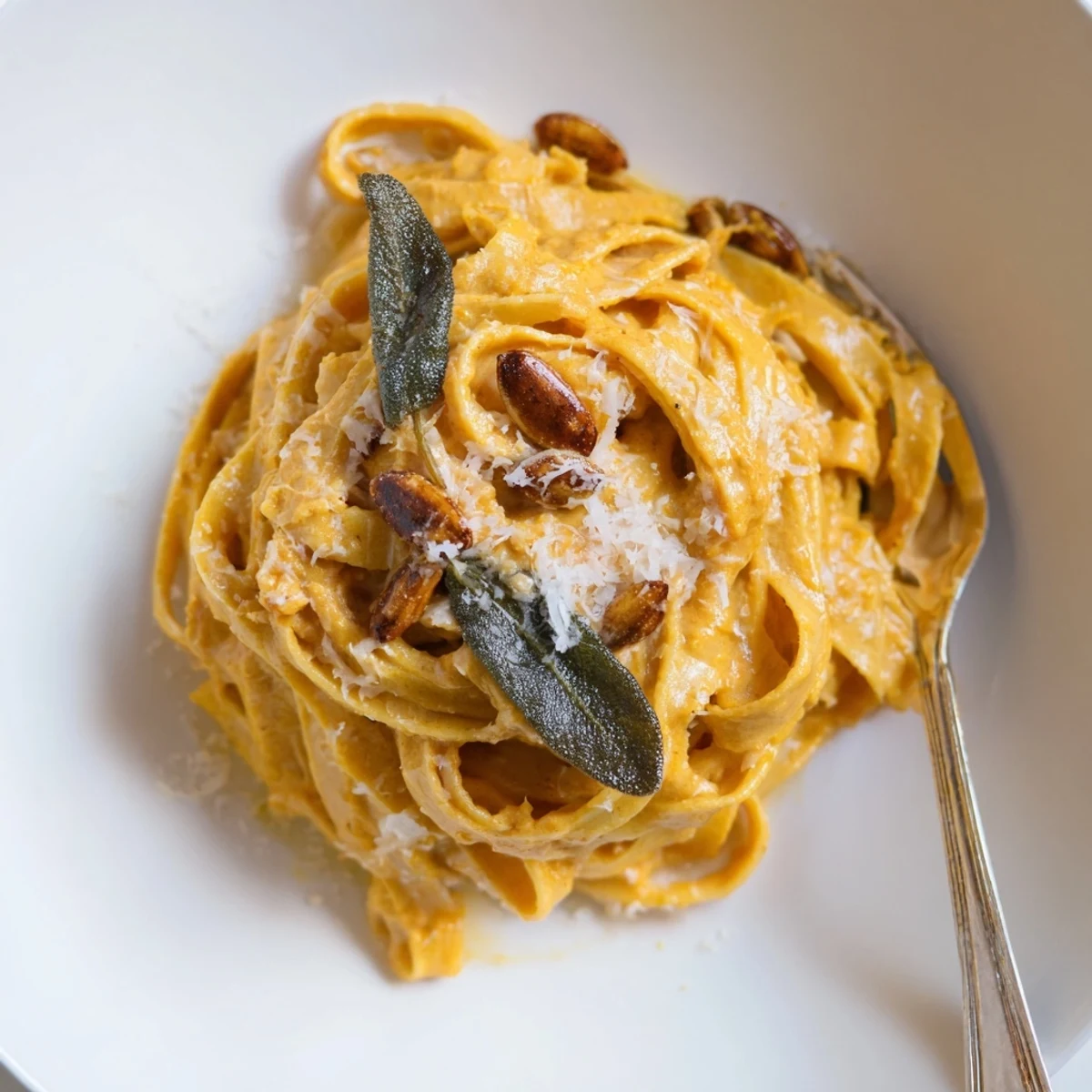 Creamy Festive Pumpkin Pasta with Sage Brown Butter topped with crispy sage leaves.  