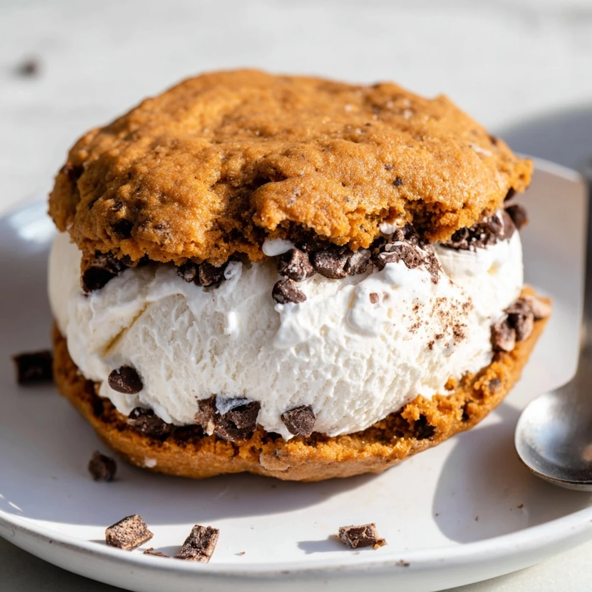 Decadent pumpkin chocolate muffin ice cream sandwiches topped with rich, creamy vanilla.  