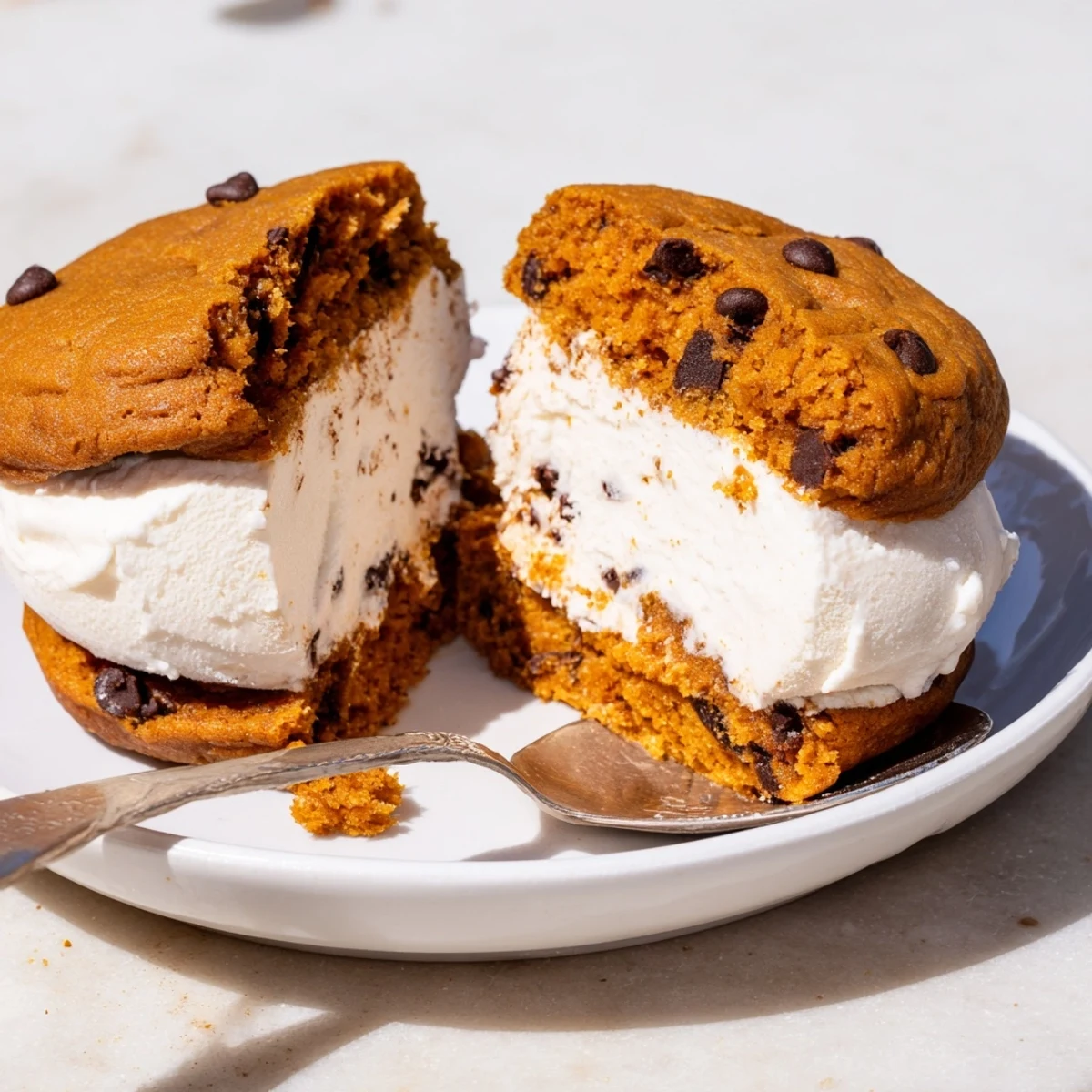 Indulge in festive pumpkin chocolate muffins filled with smooth, creamy ice cream layers.