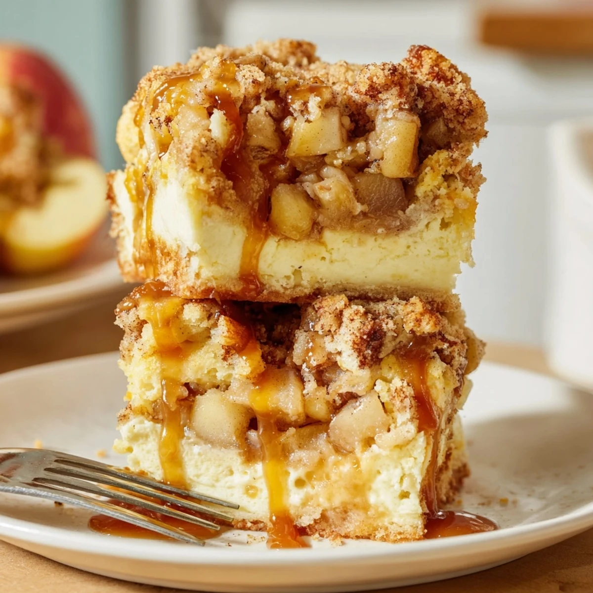 Caramel Apple Cheesecake Muffin Bars drizzled with rich caramel, perfect for cozy gatherings.  