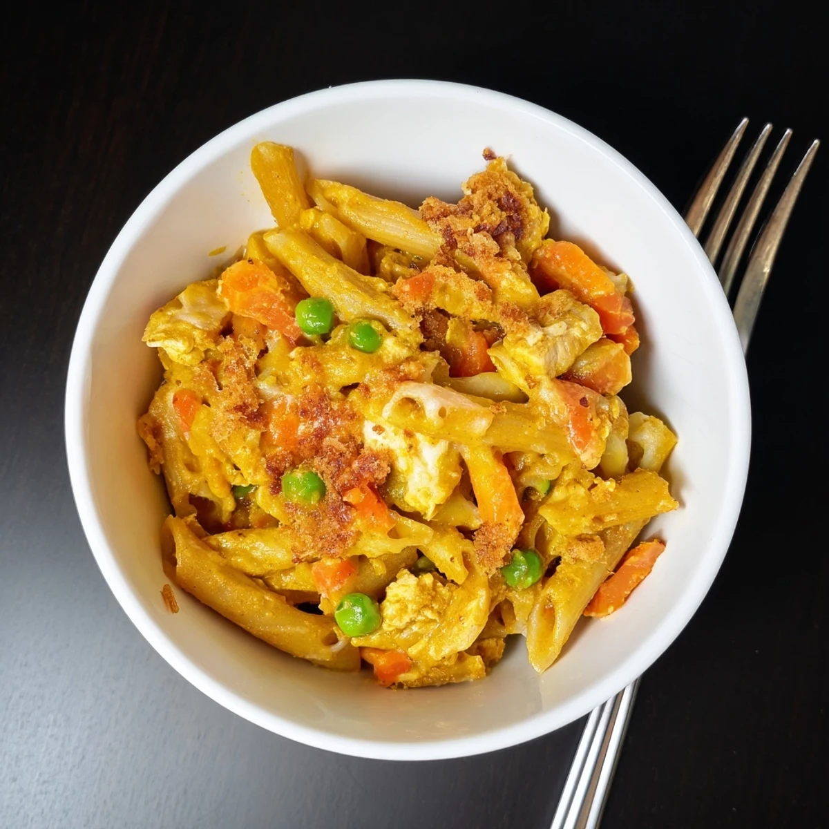 Savory Japanese Curry Pasta Bake topped with melted cheese and crispy panko breadcrumbs.  