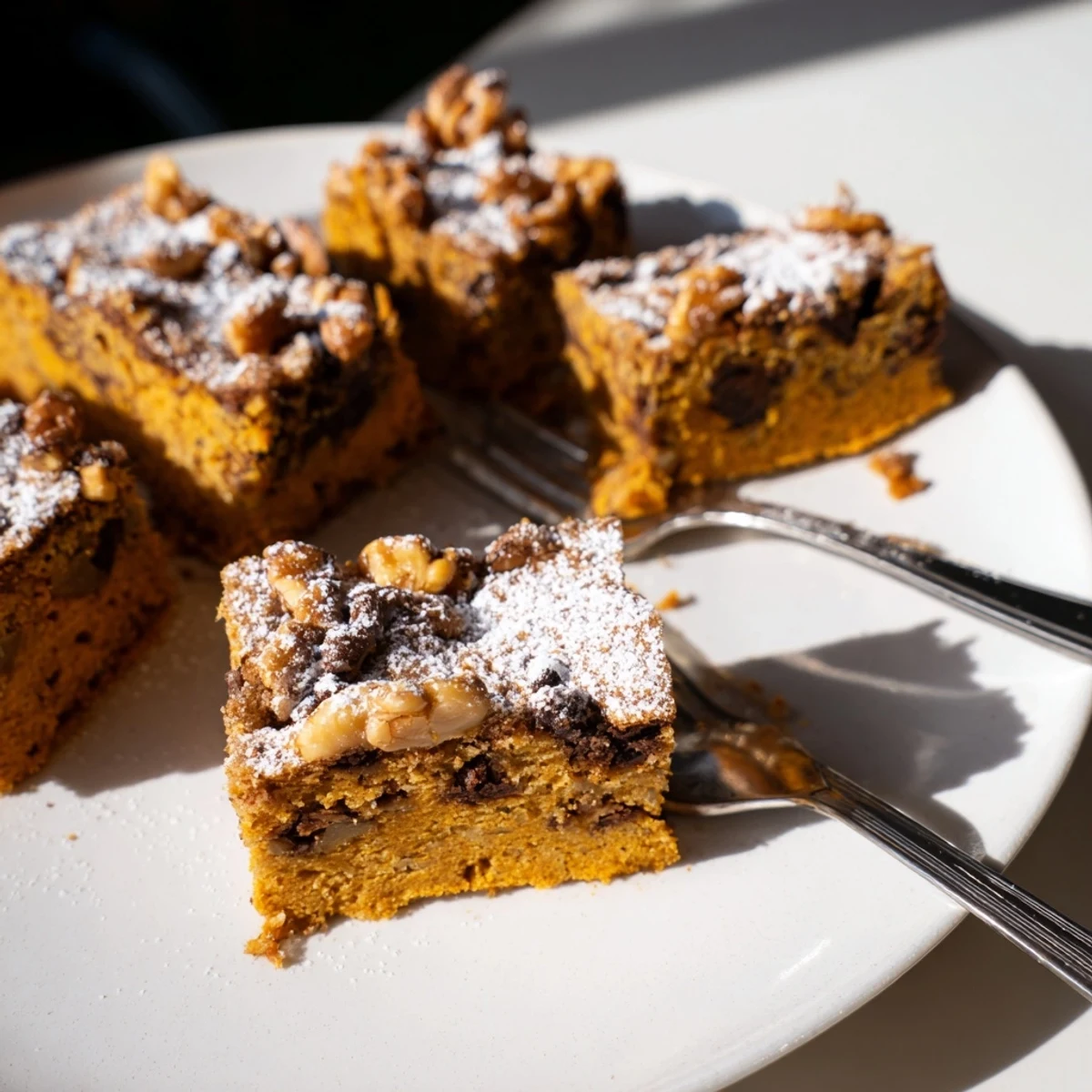 Moist Holiday Snack Pumpkin Nut Bars topped with chocolate chips and spiced warmth.