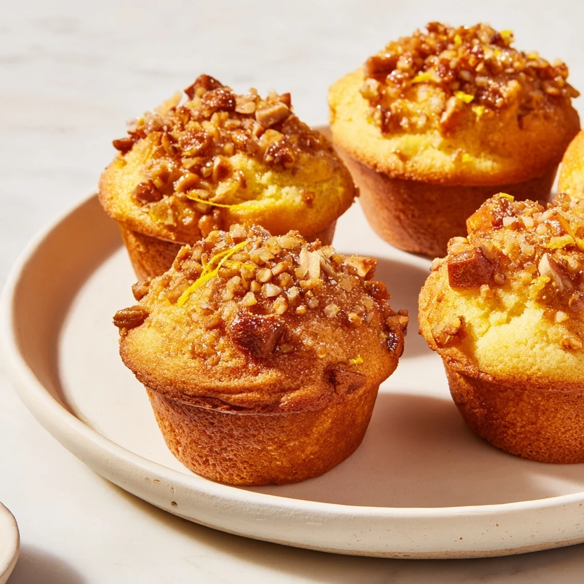Fluffy Lemon Pretzel Pancake Muffins topped with crunchy pretzels and sugar.  