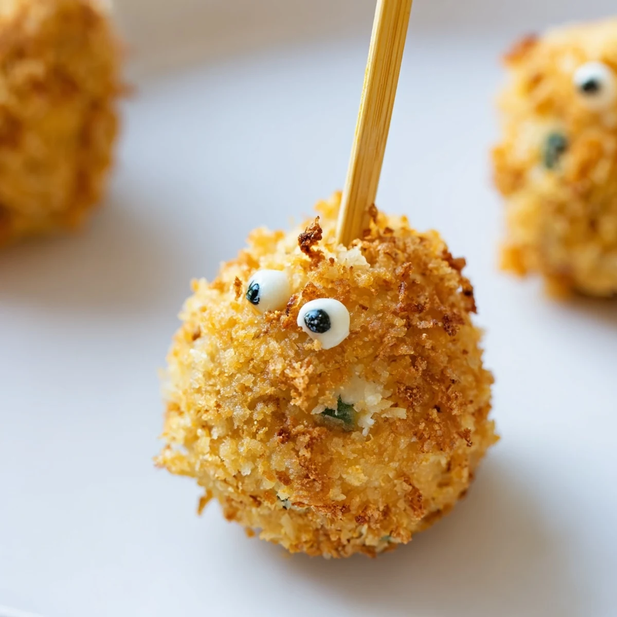 Cheddar Jalapeño Monster Cake Pops served on a plate, showcasing their crunchy texture and vibrant colors.