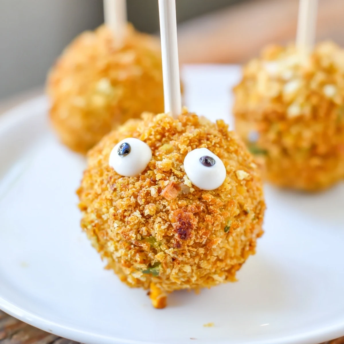 Savory Cheddar Jalapeño Monster Cake Pops with fun candy eyes, perfect for festive gatherings.