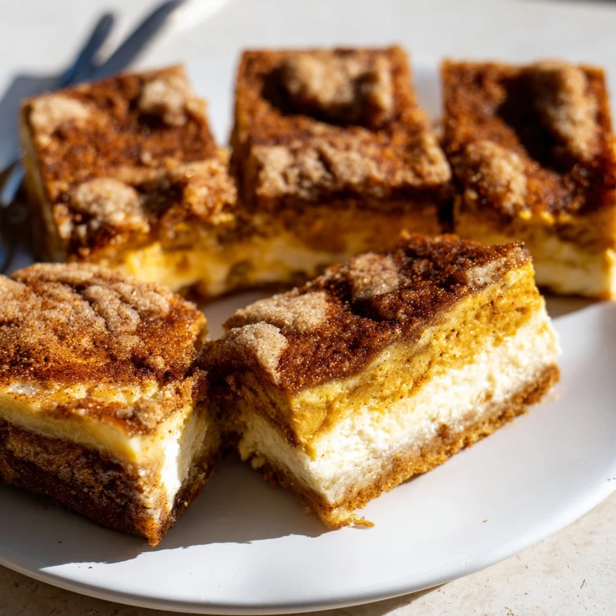 Rich pumpkin cheesecake churro bars topped with cinnamon sugar, perfect for fall desserts.  