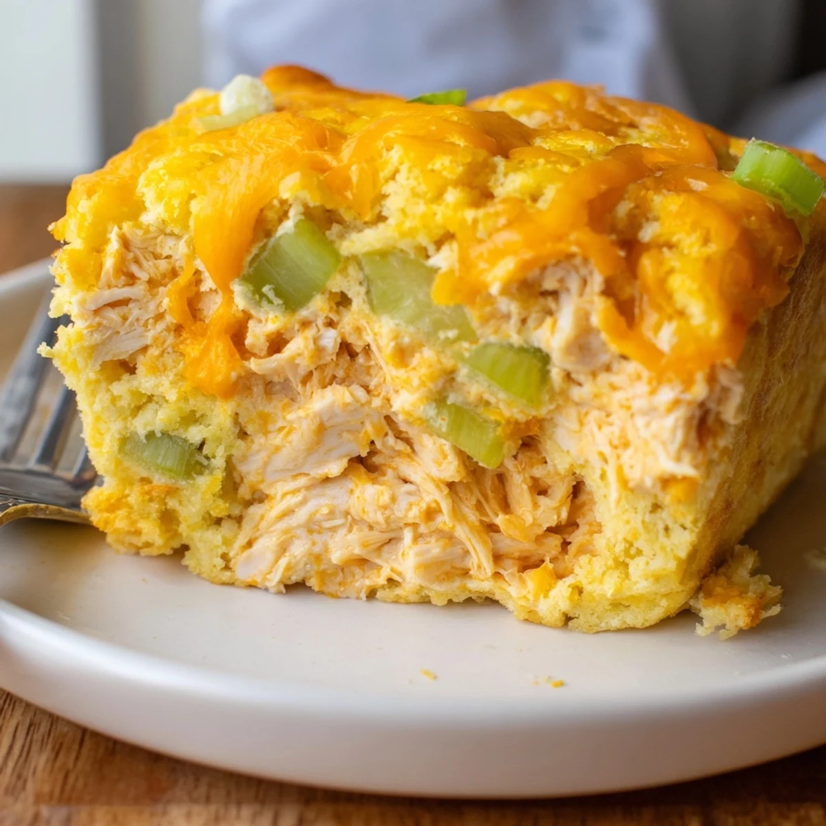 Savory Buffalo Chicken Spiced Muffin Loaf sliced and garnished with fresh scallions.  