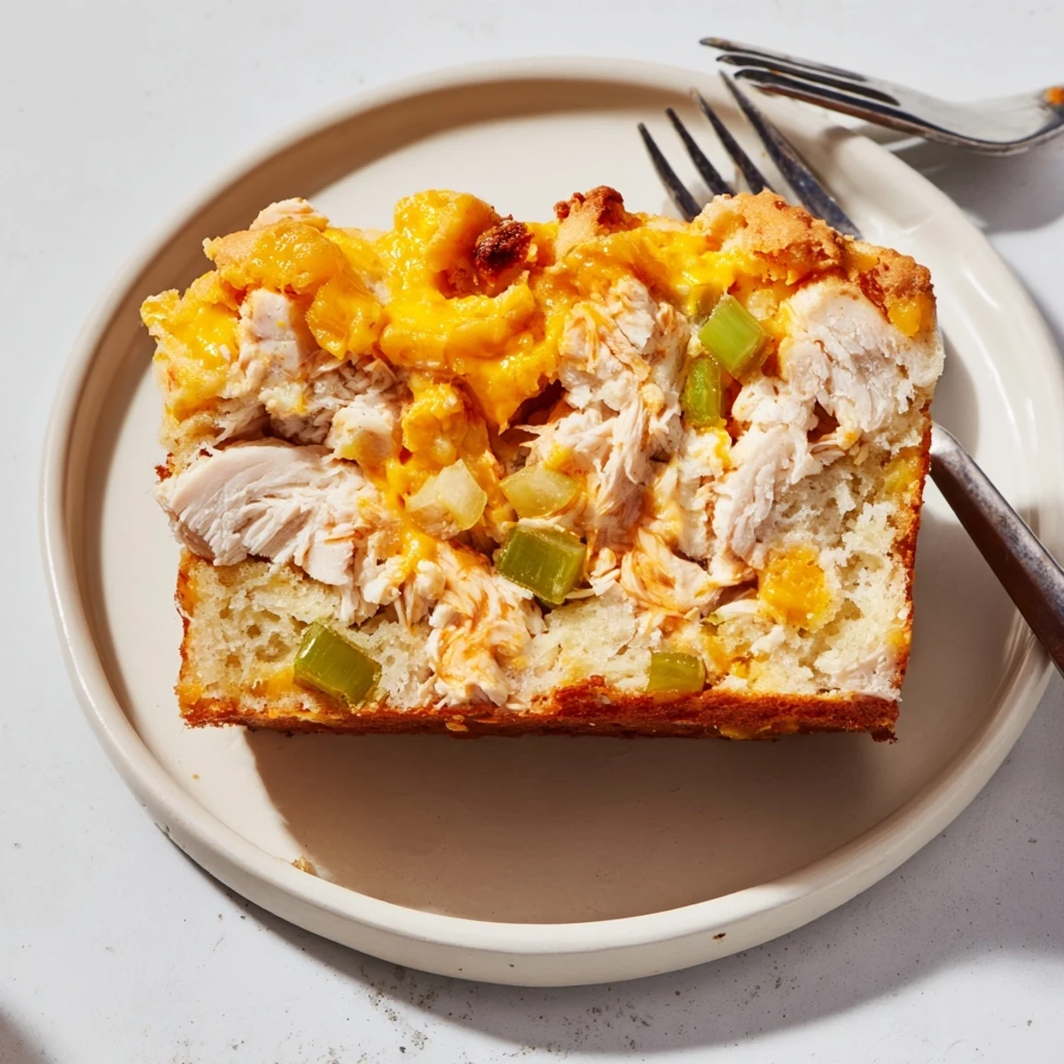 Moist Buffalo Chicken Spiced Muffin Loaf sliced, revealing tender, cheesy insides ready to enjoy.  