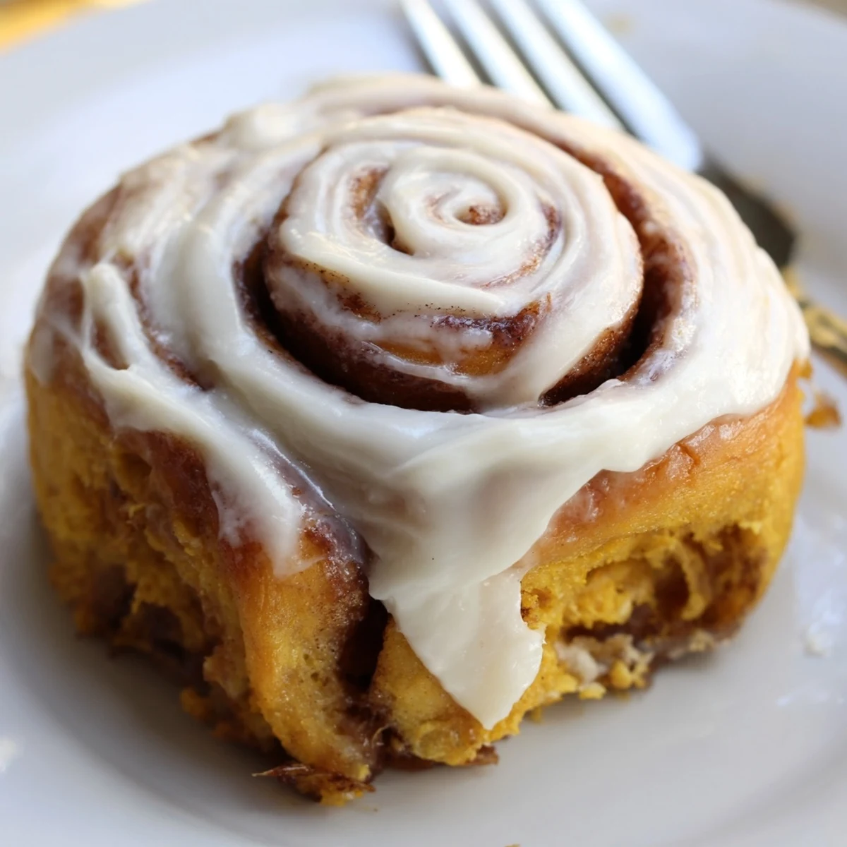 Soft pumpkin cinnamon rolls drizzled with cream cheese frosting, perfect for cozy mornings.  