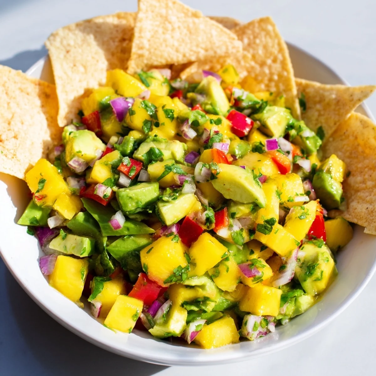 Refreshing mango avocado salsa, bursting with flavors, paired with crunchy tortilla chips.  