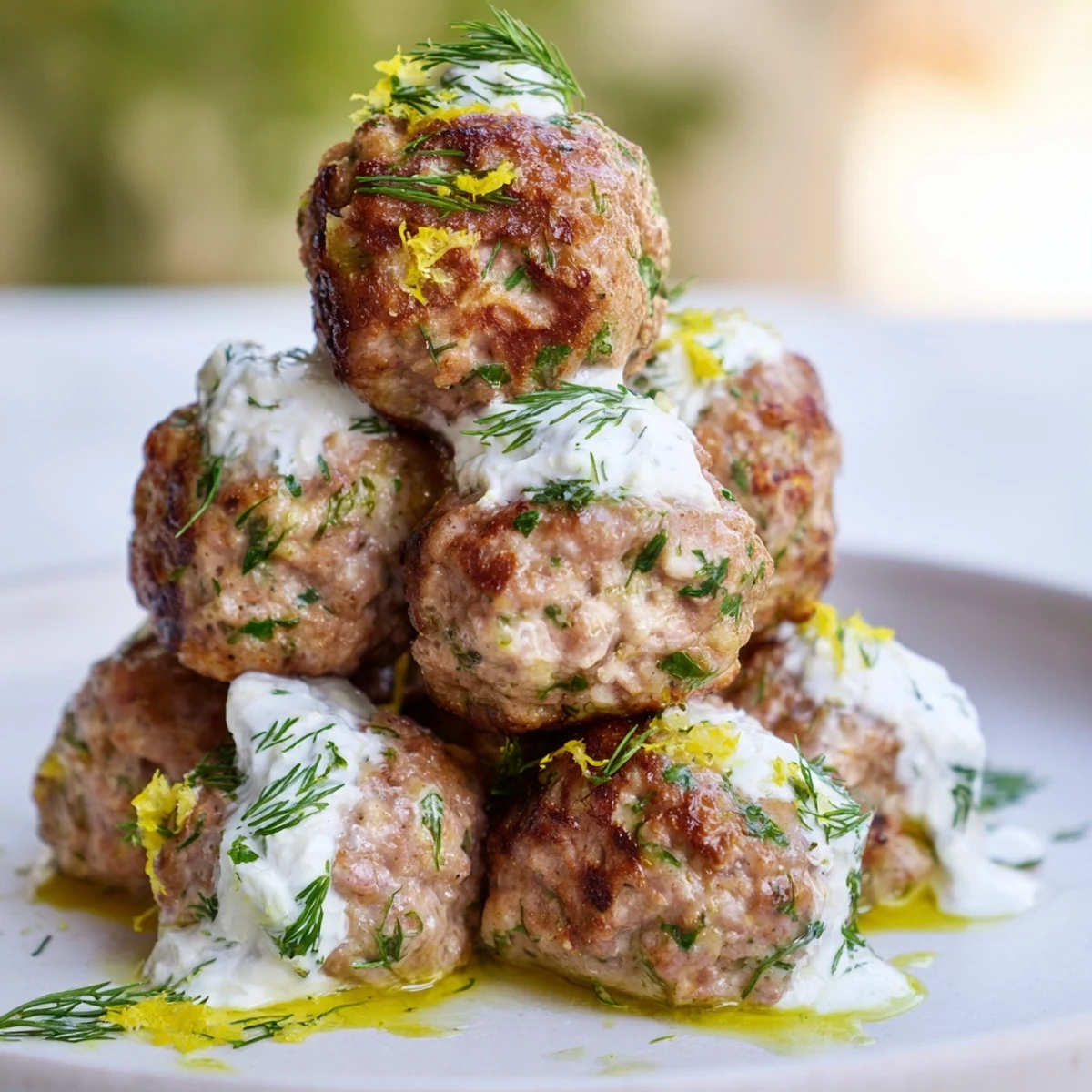 Savory Greek chicken meatballs with zesty lemon flavor, served with tangy yogurt sauce.  