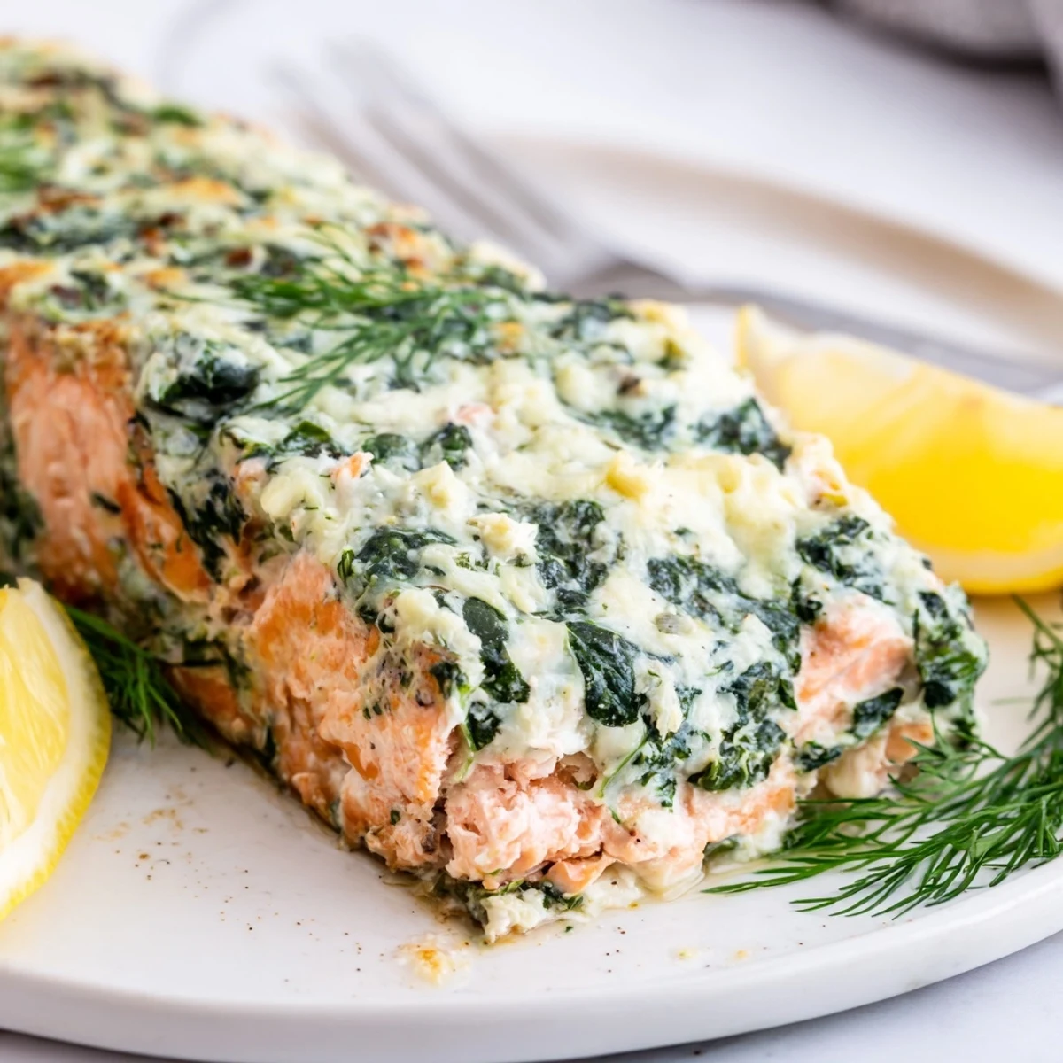 Succulent Easy Spinach Stuffed Salmon, bursting with creamy filling and herbs.  