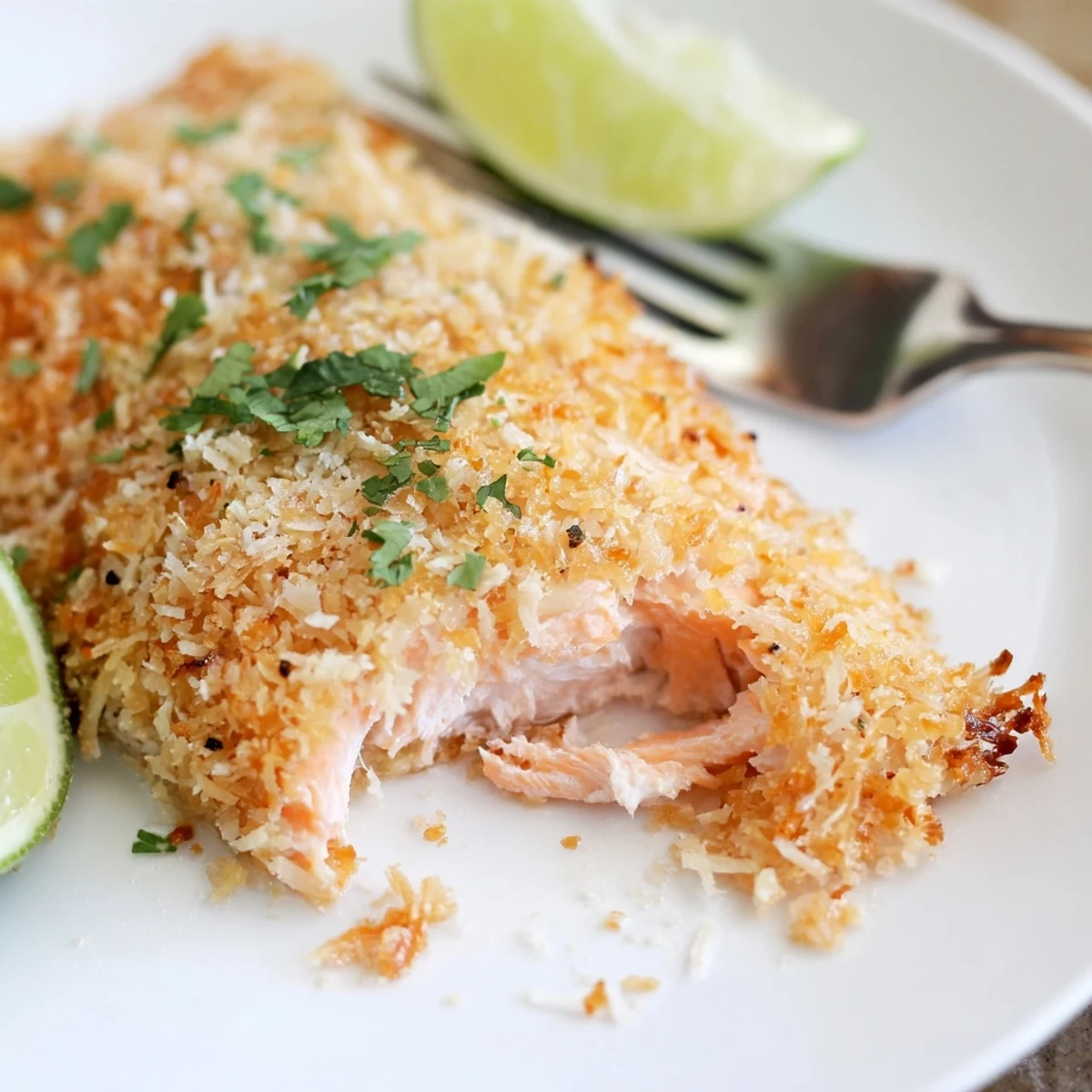 Coconut Crusted Salmon fillets golden brown, garnished with lime and cilantro, ready to serve.  