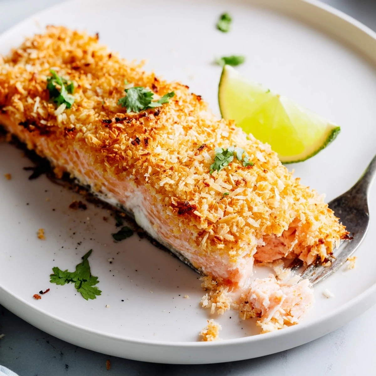 Delicious Coconut Crusted Salmon, perfectly cooked, served with lime wedges and fresh herbs for garnish.