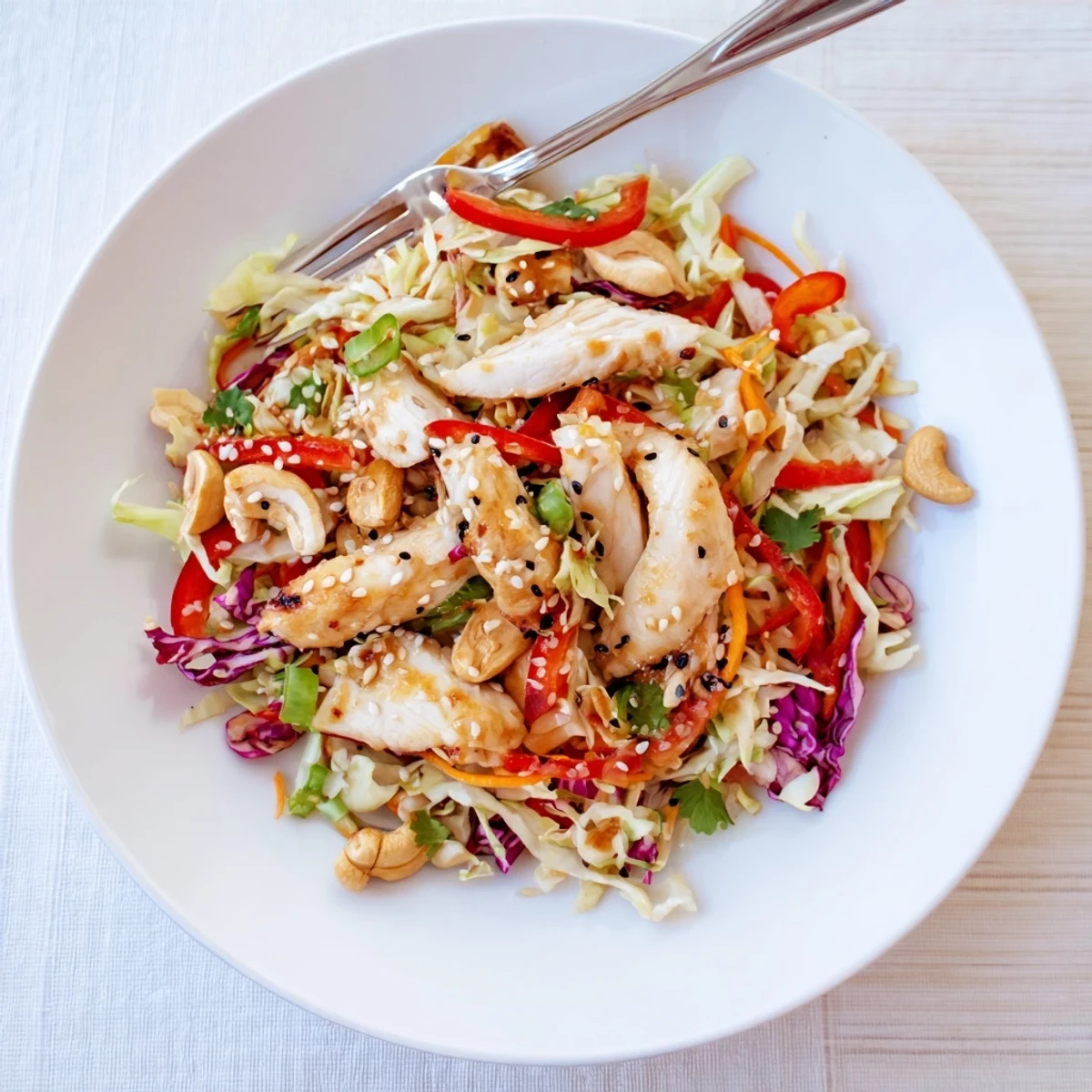 Crispy Sesame Chicken Cabbage Crunch Salad drizzled with zesty Asian dressing.