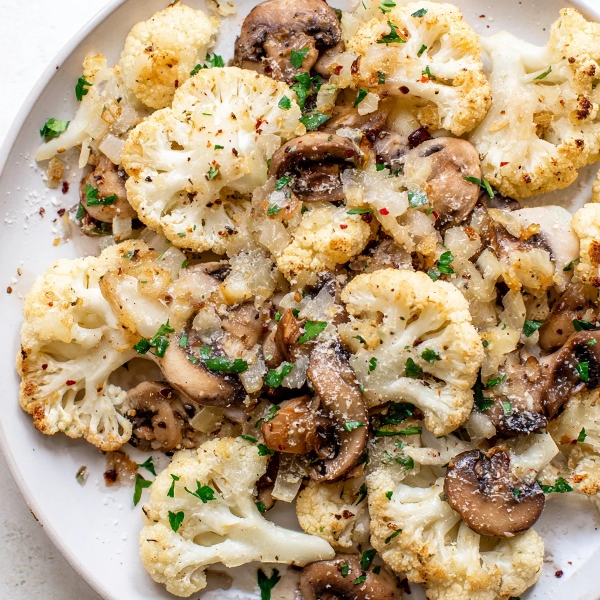 Skillet of garlic cauliflower and mushrooms, beautifully sautéed and garnished with parsley.  