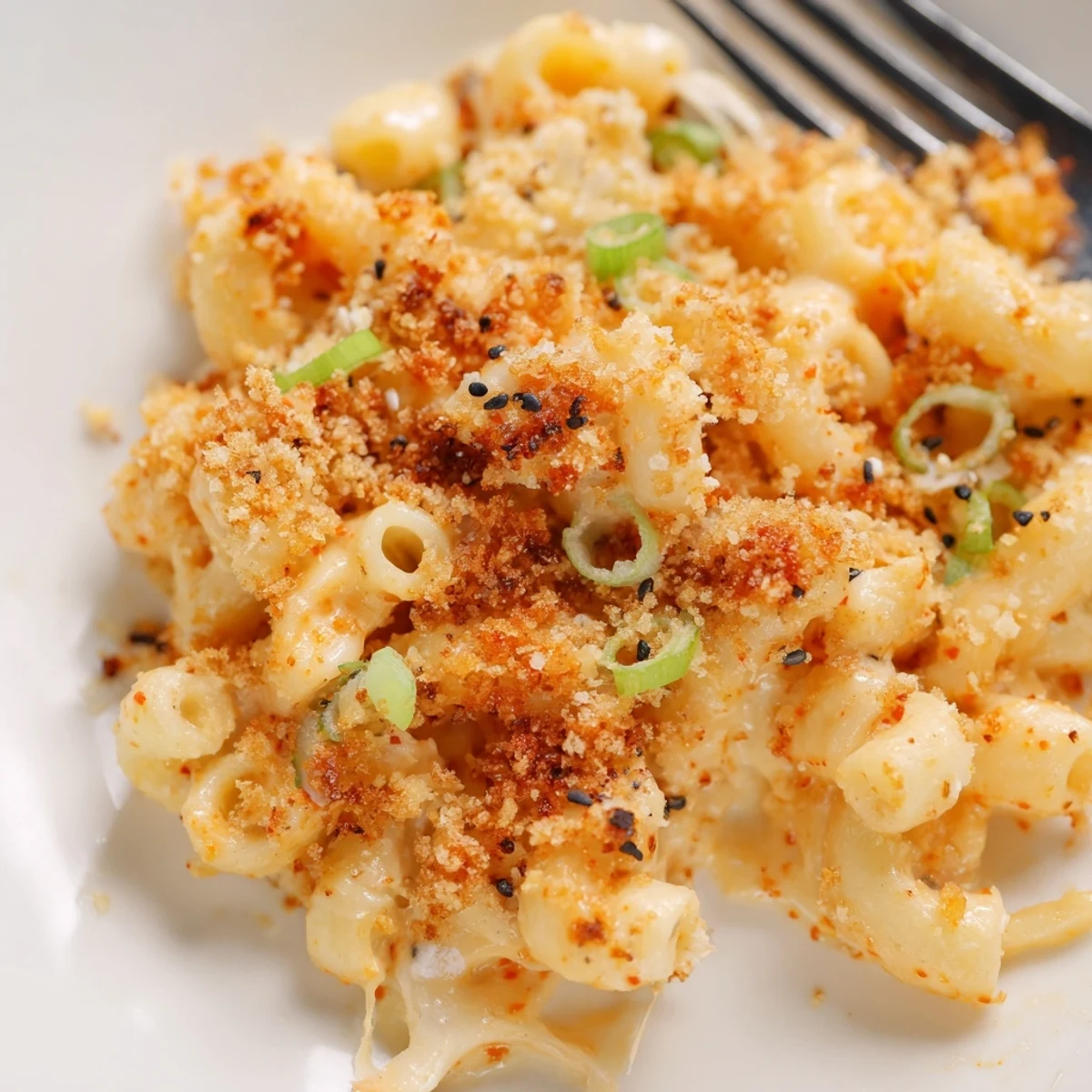 Creamy spicy kimchi mac & cheese topped with crunchy sesame, a delicious fusion dish.
