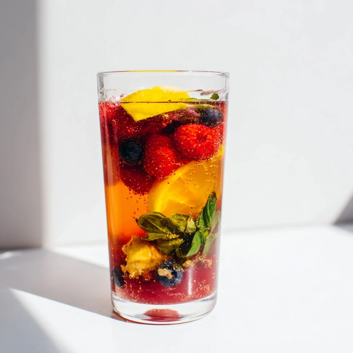 Vibrant, homemade kombucha-style mocktails, beautifully garnished with fresh berries and mint.  
