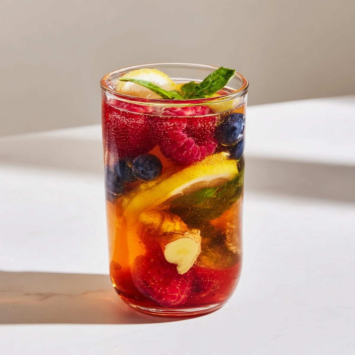 Flavorful, fermented drinks served chilled, showcasing tangy kombucha with sliced citrus and ginger.