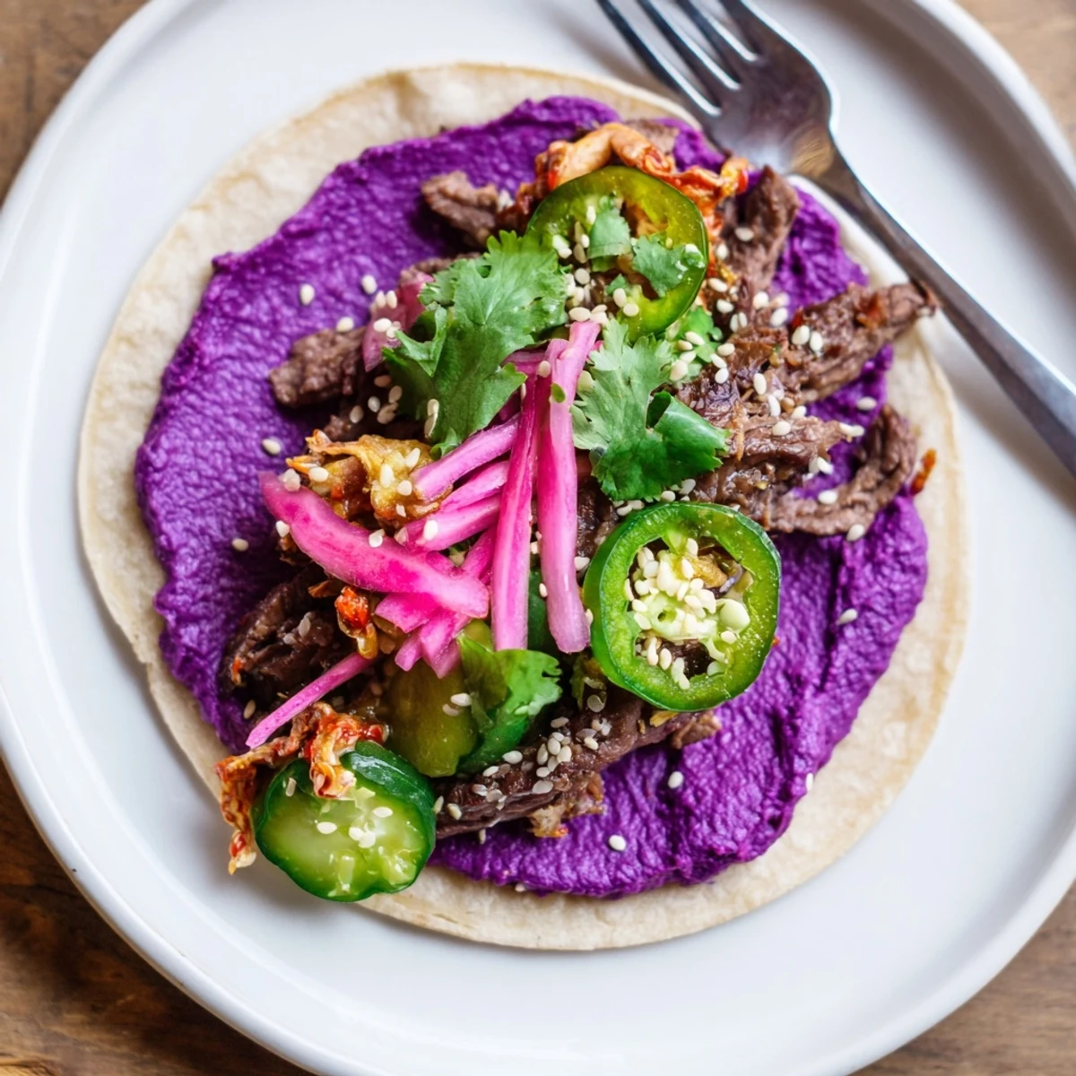 Vibrant Global Street-Food Fusion Tacos topped with kimchi and ube crema.  
