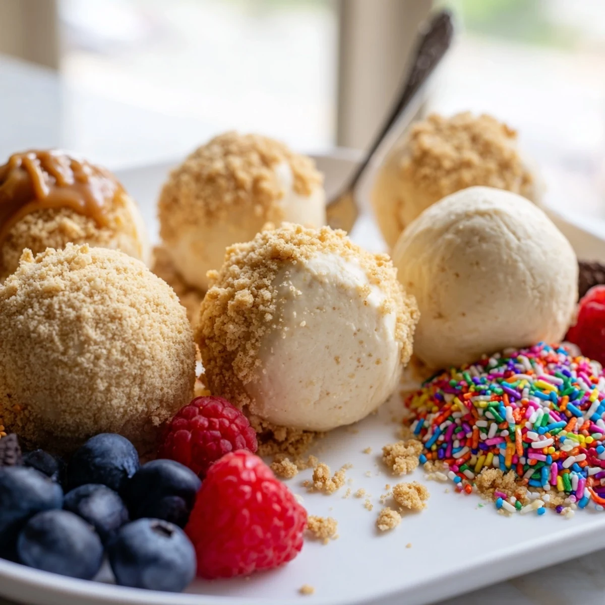 Deconstructed dessert board with creamy cheesecake bites and vibrant fruit toppings.  