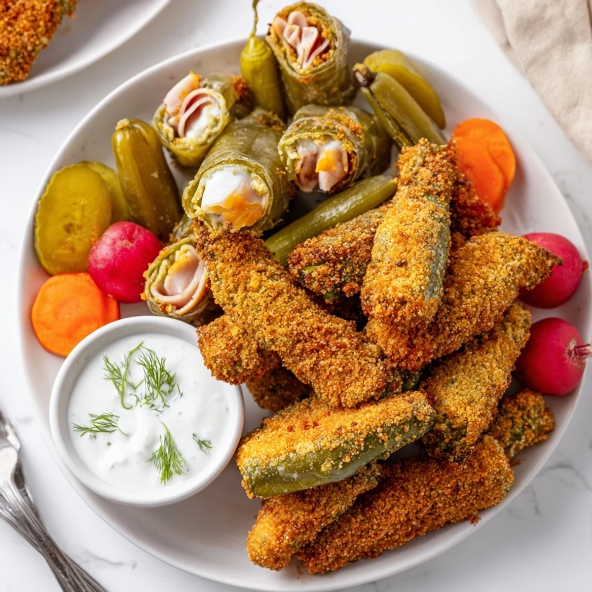 Crispy fried pickles featured in a tangy Pickle Lovers Meal platter.