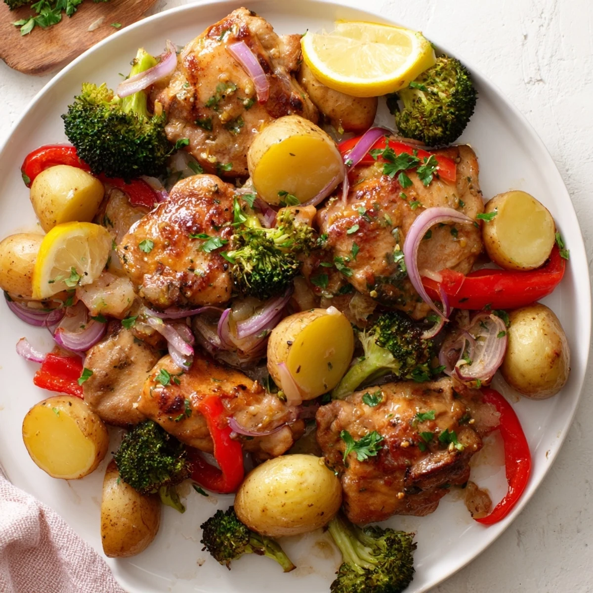 Aromatic Lazy Gourmet Chicken & Vegetable One-Pot dish served with fresh parsley and lemon.  